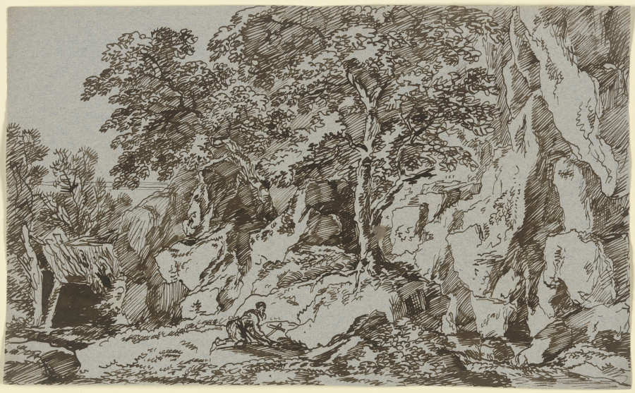 Zerklüftete Felswand, davor ein vor einem Kreuz Kniender, links eine Einsiedelei von Franz Innocenz Josef Kobell