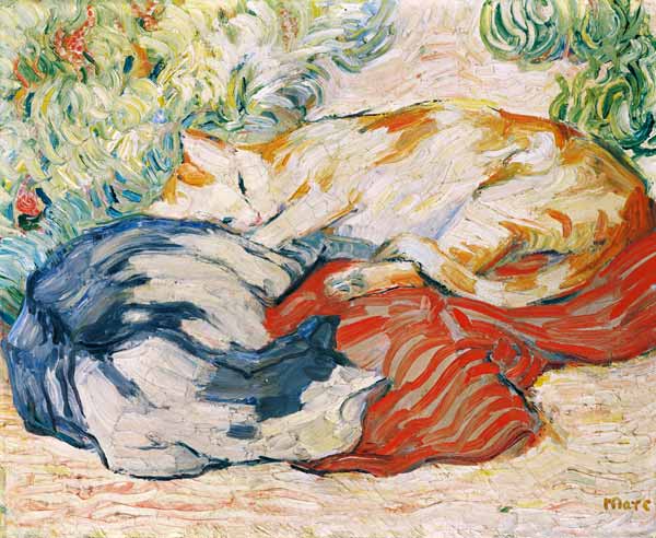 Katzen auf rotem Tuch. von Franz Marc