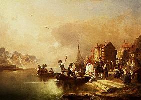 Hochzeitsgesellschaft an einem See vor der Überfahrt. 1864