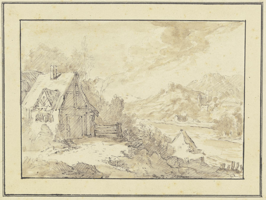 Bergiges Flußufer mit Burgen und Häusern (Rheinlandschaft?) von Franz Schütz