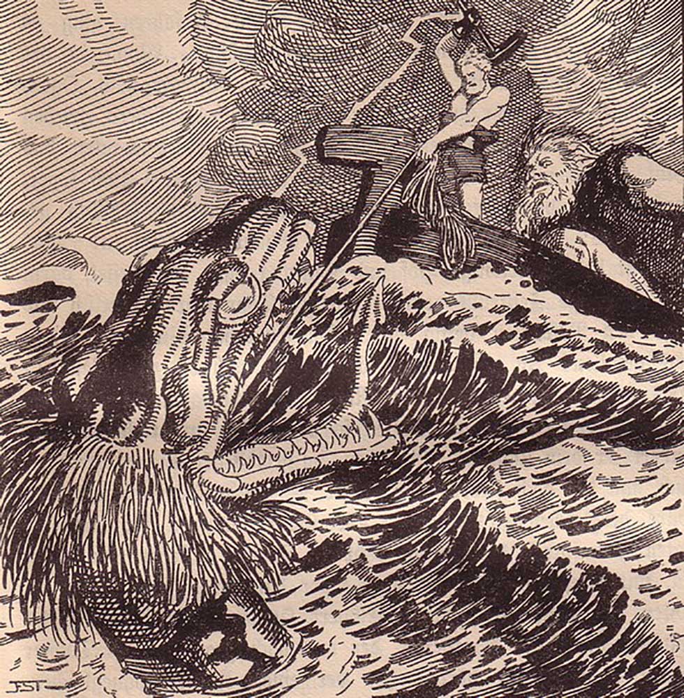 Thor und Hymir angeln die Midgardschlange. Illustration für "Die Edda. Germanische Götter- und Helde von Franz Stassen