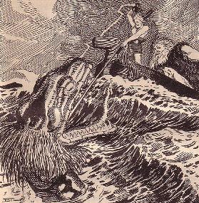 Thor und Hymir angeln die Midgardschlange. Illustration für "Die Edda. Germanische Götter- und Helde