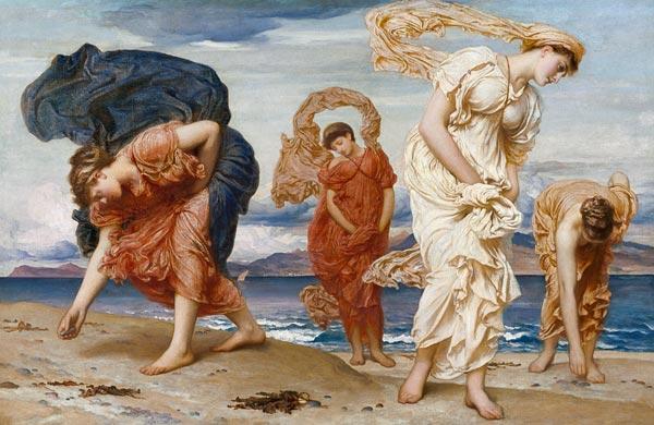 Griechische Mädchen beim Aufnehmen von Kieselsteinen am Strand 1871