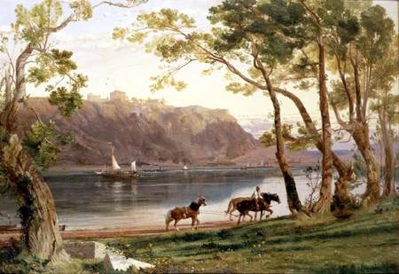 River landscape with barge horses von Frederick Lee Bridell