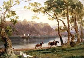 River landscape with barge horses 1860