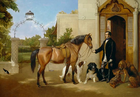 A Gentleman with his Hunter and Dogs outside his house von Frederick W. Keyl
