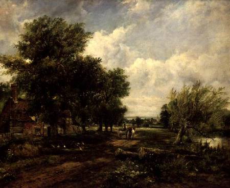 Wooded river landscape with a cottage and a horse drawn cart von Frederick Waters Watts