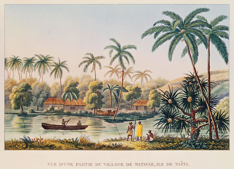 Village of Matavae, Tahiti, illustration from ''Voyage autour du Monde sur la Corvette Coquille'' Li von French School