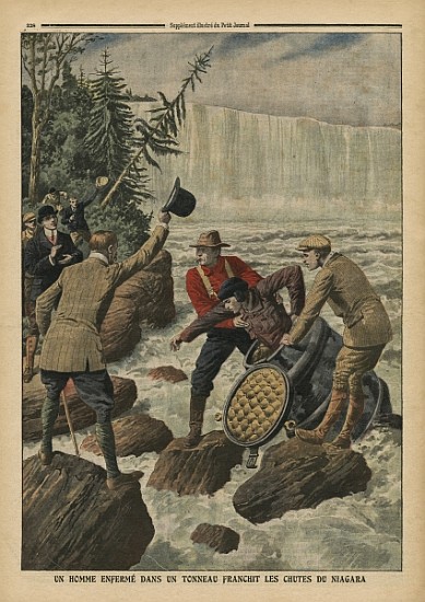 A man in a barrel crossing the Niagara Falls, illustration from ''Le Petit Journal'', supplement ill von French School