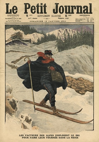 Alpine postmen using ski during their rounds in the snow, illustration from ''Le Petit Journal'', su von French School