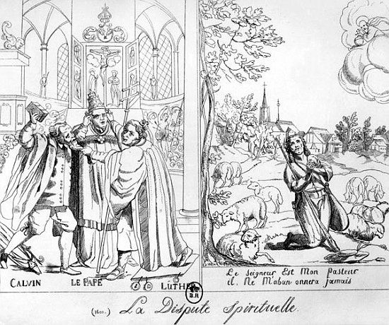 Caricature depicting a Spiritual Dispute between Pope Leo X (1476-1521) Martin Luther (1483-1546) an von French School