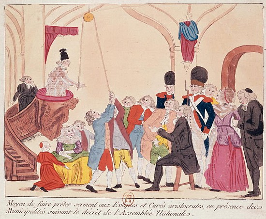 Caricature of the way to make aristocratic bishops and priests swear the oath for the Civil Constitu von French School