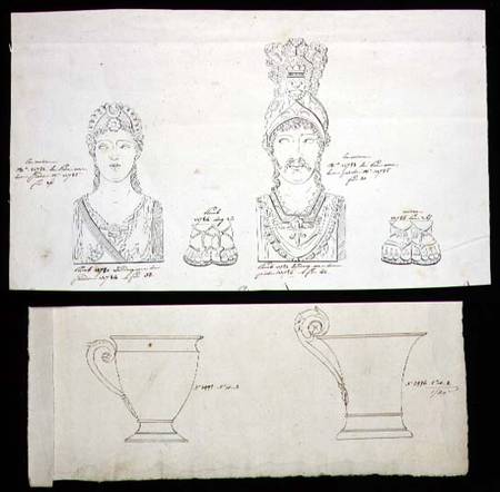 Designs for gilt bronze ormolu furniture mounts and French Empire porcelain cups von French School