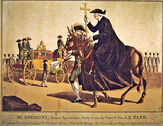 Monsignor Speroni carrying the papal cross, precedes Pope Pius VII on their way to Notre-Dame Cathed von French School