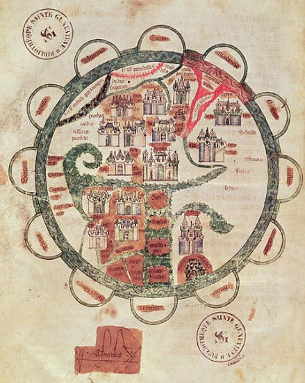 Ms 782 f.374v World map with Jerusalem in the centre, from ''Chroniques de St. Denis'', c.1275 von French School