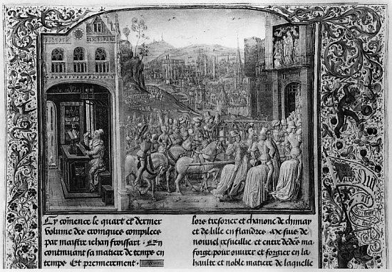 T.4 fol.1 L: Froissart writing his chronicle, R: Isabella of Bavaria (1371-1435) entering Paris in 1 von French School