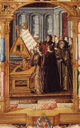 Ms Fr 1537 f.58v Illustration from 'Chants Royaux sur la Conception Couronnee du Puy de Rouan', depi 1519-26