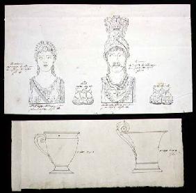 Designs for gilt bronze ormolu furniture mounts and French Empire porcelain cups c.1820  &