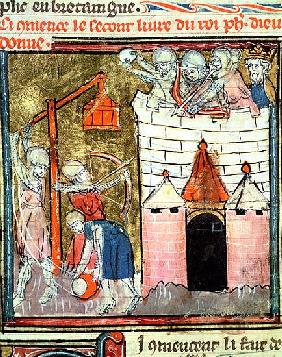 Fol.261v Siege of the Chateau de Chinon, from the Grandes Chroniques de France, 1375-79