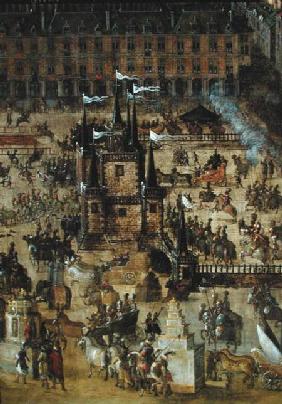 The Place Royale and the Carrousel in 1612, detail of the Palais de la Felicite and the chariots