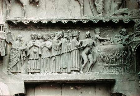Tympanum from the left portal of the north transcept depicting the Last Judgement, detail of the dam von French School
