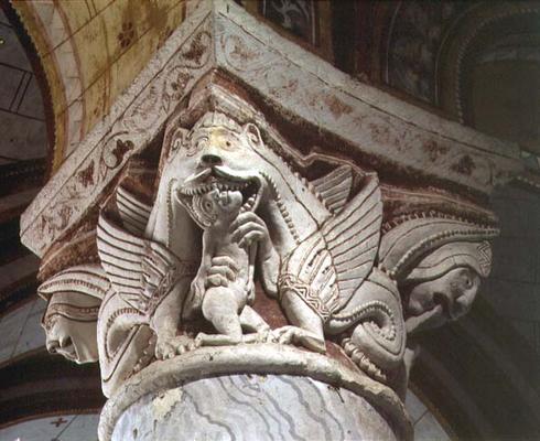 Monster devouring a human, column capital (stone) von French School, (11th century)