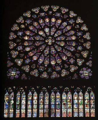 South transept rose window depicting Christ in the centre surrounded by saints and the twelve apostl von French School, (13th century)