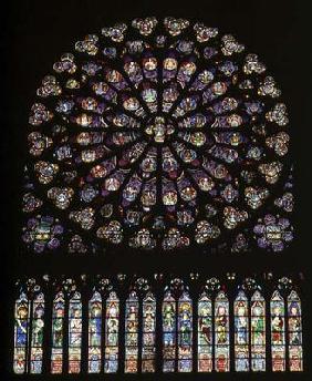 South transept rose window depicting Christ in the centre surrounded by saints and the twelve apostl 20th