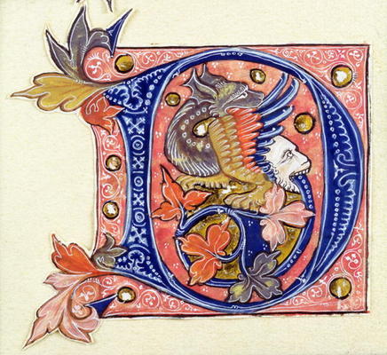 Historiated Initial 'D' depicting a fish with a human head (vellum) von French School, (14th century)