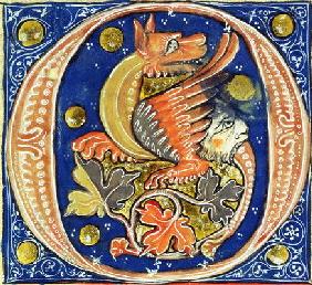 Historiated initial 'O' depicting a winged griffin (vellum) 16th