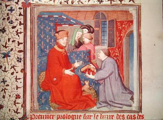 Ms Fr 131 f.1 Jean (1340-1416) Duke of Berry Receiving a Manuscript from Boccaccio, from 'Cas des No von French School, (15th century)