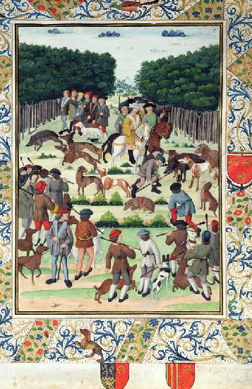 Louis Malet (1441-1516) Seigneur de Graville, hunting wild boar, from the 'Terrier de Marcoussis', 1 20th