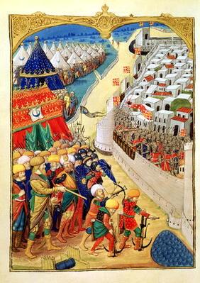 Lat 6067 f.55v The Turkish forces preparing for battle outside the walls of Rhodes in 1480, from 'A 20th