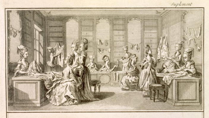 Fashion shop, from the 'Encyclopedia' by Denis Diderot (1713-84), published c.1770 (engraving) von French School, (18th century)