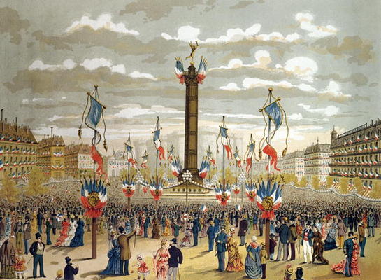 Celebration of the Quatorze Juillet at the Place de la Bastille, Paris, 14th July 1880 (colour litho von French School, (19th century)