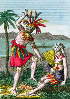 Native inhabitants of the Marquesas Islands, illustration from 'Histoire des Voyages Autour du Monde von French School, (19th century)