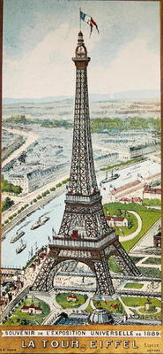 Postcard depicting the Eiffel Tower at the Exposition Universelle, 1889 (colour litho) von French School, (19th century)