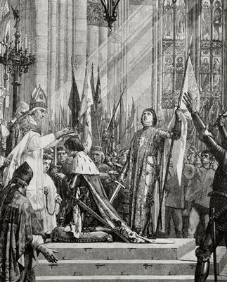 St. Joan of Arc (1412-31) at the Coronation of Charles VII (reg.1422-61) in 1429 (engraving) von French School, (19th century)