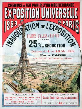Poster advertising reduced price train tickets to the Exposition Universelle of 1889, from the Chemi 16th
