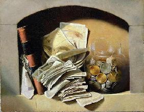 A trompe l'oeil of paper money, coins and a broken glass jar in a niche (oil on canvas) 1490
