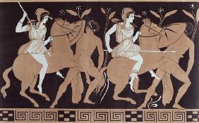 Men in combat with Amazons mounted on horseback, after an antique Greek vase (colour litho) 17th