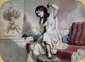 Oriental Woman at her Toilet, mid 19th century (colour litho) 18th