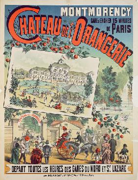 Travel poster advertising trips by train from Paris to the 'Chateau de l'Orangerie' at Montmorency 1887