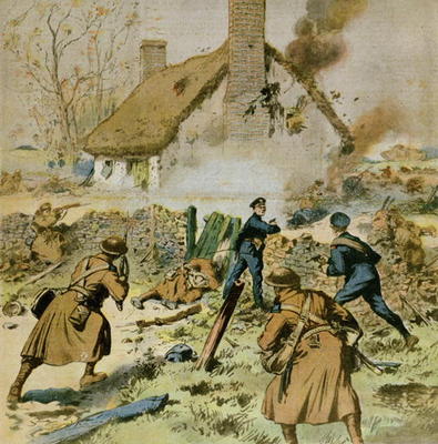 Attack by police and British troops on a farm occupied by the Sinn-Fein, cover of 'Le Petit Journal' von French School, (20th century)