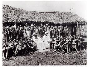 White Fathers before a chapel in adobe at Mugera (Urundi), before 1914 (b/w photo) 12th