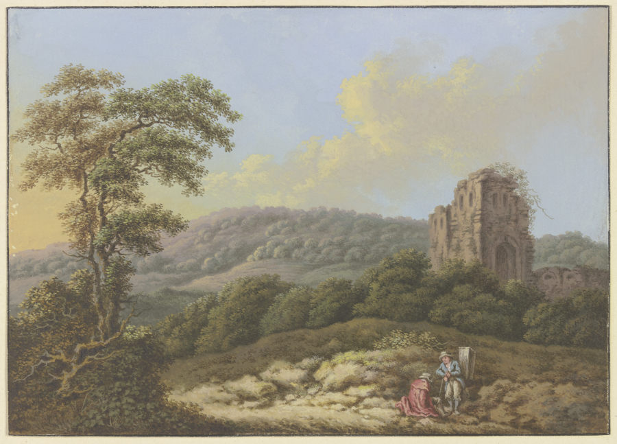 Landschaft mit einer Ruine, links ein hoher Baum, im Vordergrund zwei Wanderer von Friedrich Rauscher