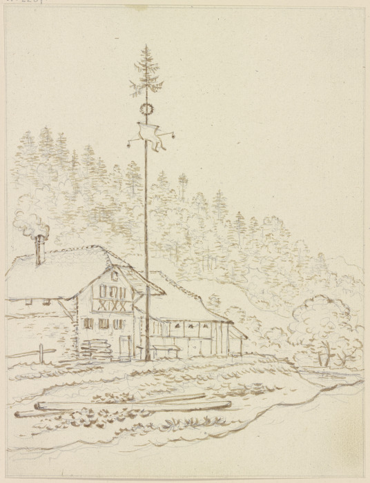 Bauernhäuser am Waldrand, davor ein Maibaum von Friedrich Wilhelm Hirt