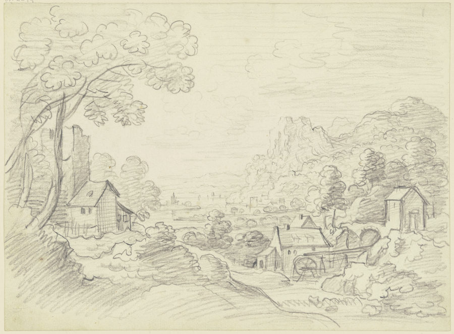 Gebirgige Landschaft, rechts vorne eine Wassermühle von Friedrich Wilhelm Hirt