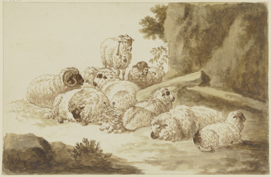 Schafherde an einer Felswand lagernd von Friedrich Wilhelm Hirt