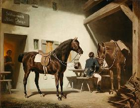 Das Pferd Luitprant vor dem Schluxerwirt um 1875